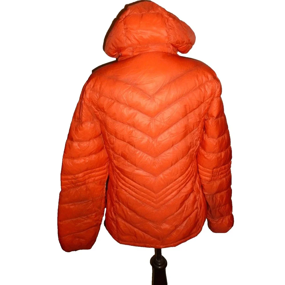 Orange Hooded Puffer‎ Jacket Quilted Full Zip Winter Coat Goose Down Womens